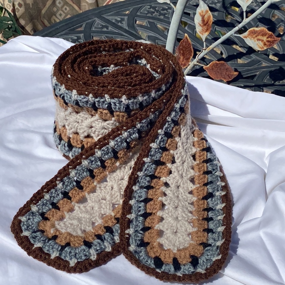 Neutral tones scarf crochet handmade skinny tan cream brown gray acrylic